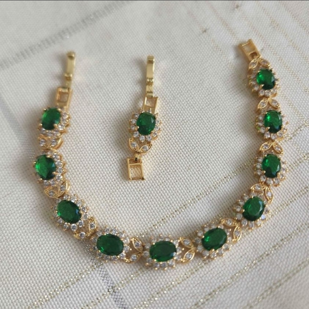 New 18K Gold Plated Oval Cut Emerald Diamond Flower Bracelet  Women Exte…